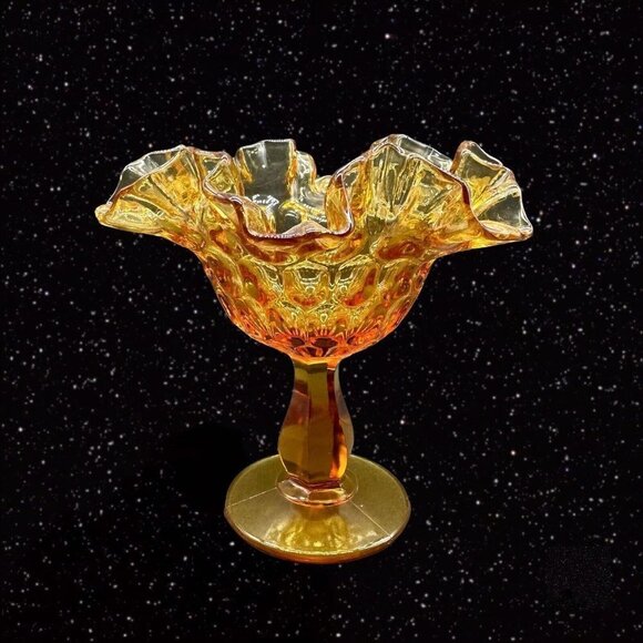 Fenton Amber Hobnail Ruffled Edge Compote Candy Dish Art Glass 6"T 5.5”W - Picture 2 of 14